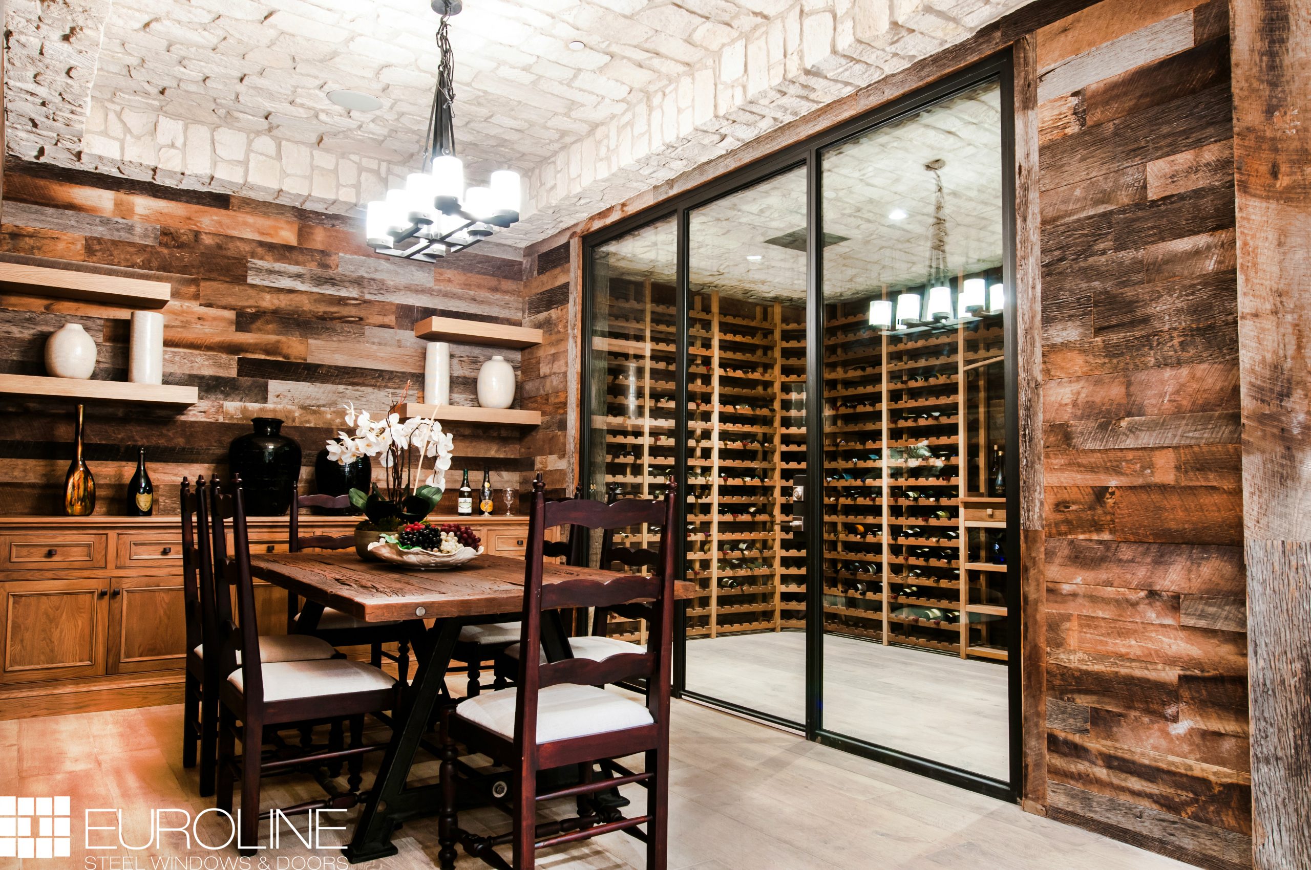 Interior view of a wine cellar with Euroline doors